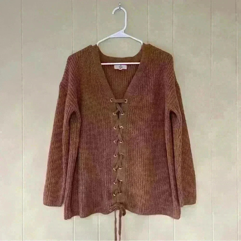 Entro Anthropologie Brown Cable Knit Lace Front V Neck Sweater Size M